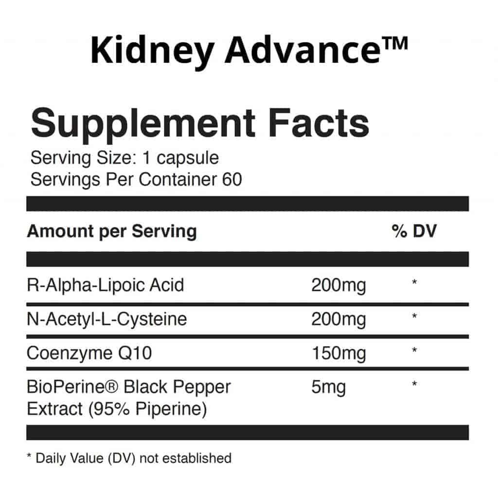 Kidney Advance Ingredients Label - Supplement Facts